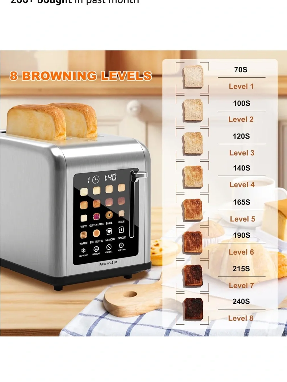 Brushed Stainless Steel 2-Slice Digital Toaster with Touch Controls